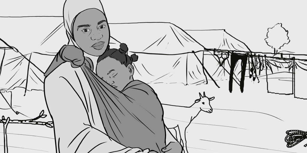 Illustration of Falmata with rahma sleeping on her chest.